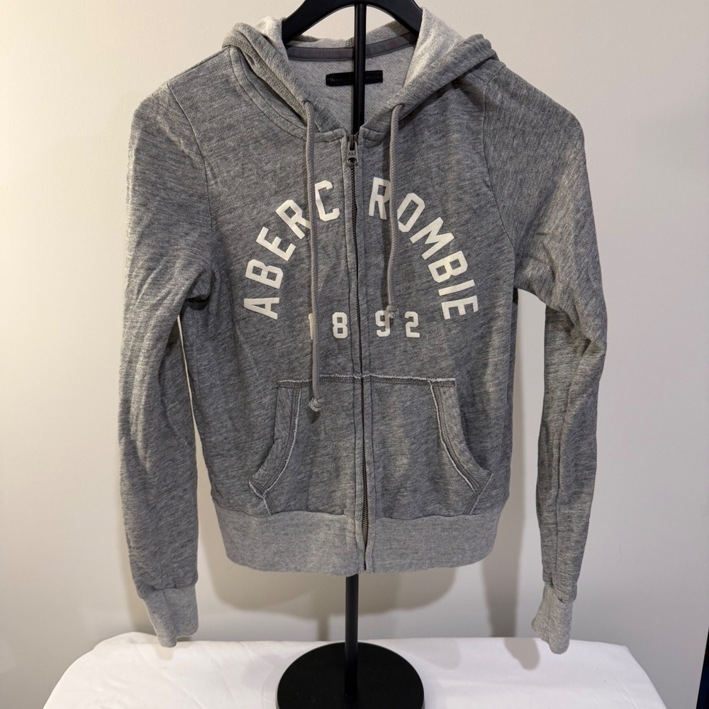Abercrombie & Fitch Womens XS Y2K Heather Gray Logo Full Zip Hoodie Sweatshirt - Picture 2 of 11